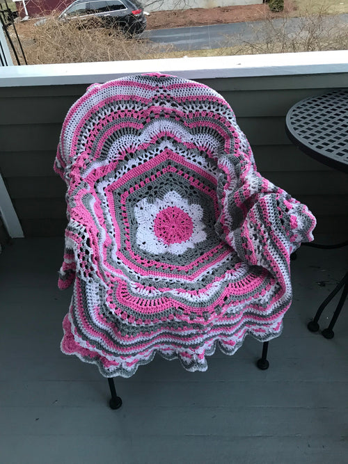Crochet Baby Blanket: Pink, White & Gray Round Afghan - 48"