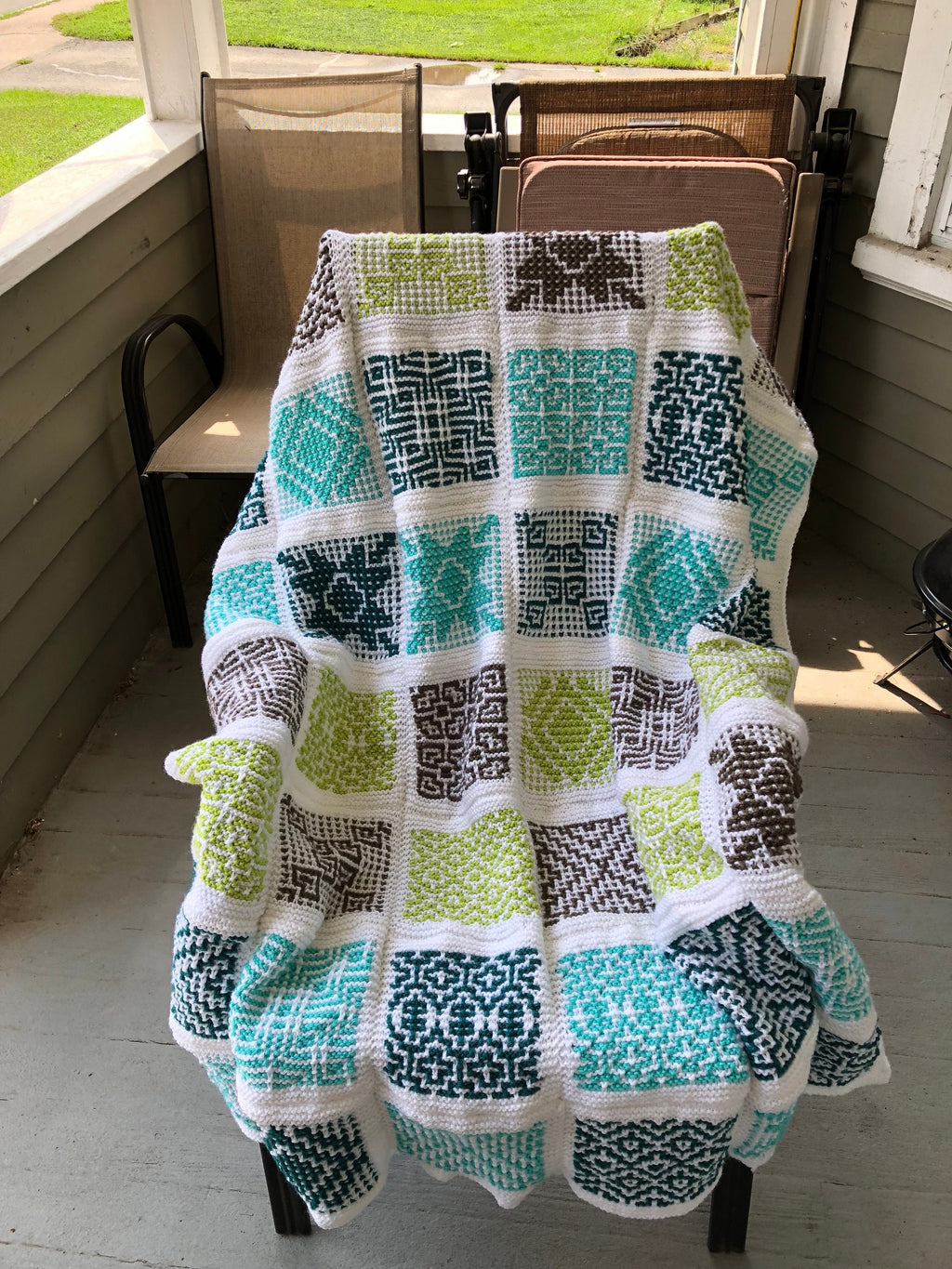 Blue & Green Knit Mosaic Afghan: Boho Throw Blanket (56x50)