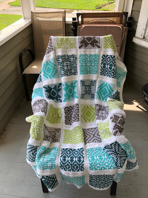 Blue & Green Knit Mosaic Afghan: Boho Throw Blanket (56x50)