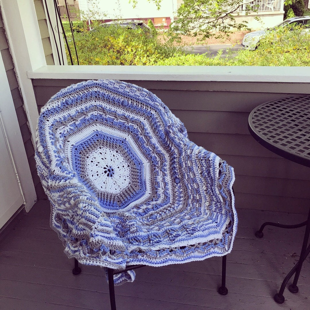 Blue & Gray Crochet Baby Blanket: Round Afghan Throw, 50"