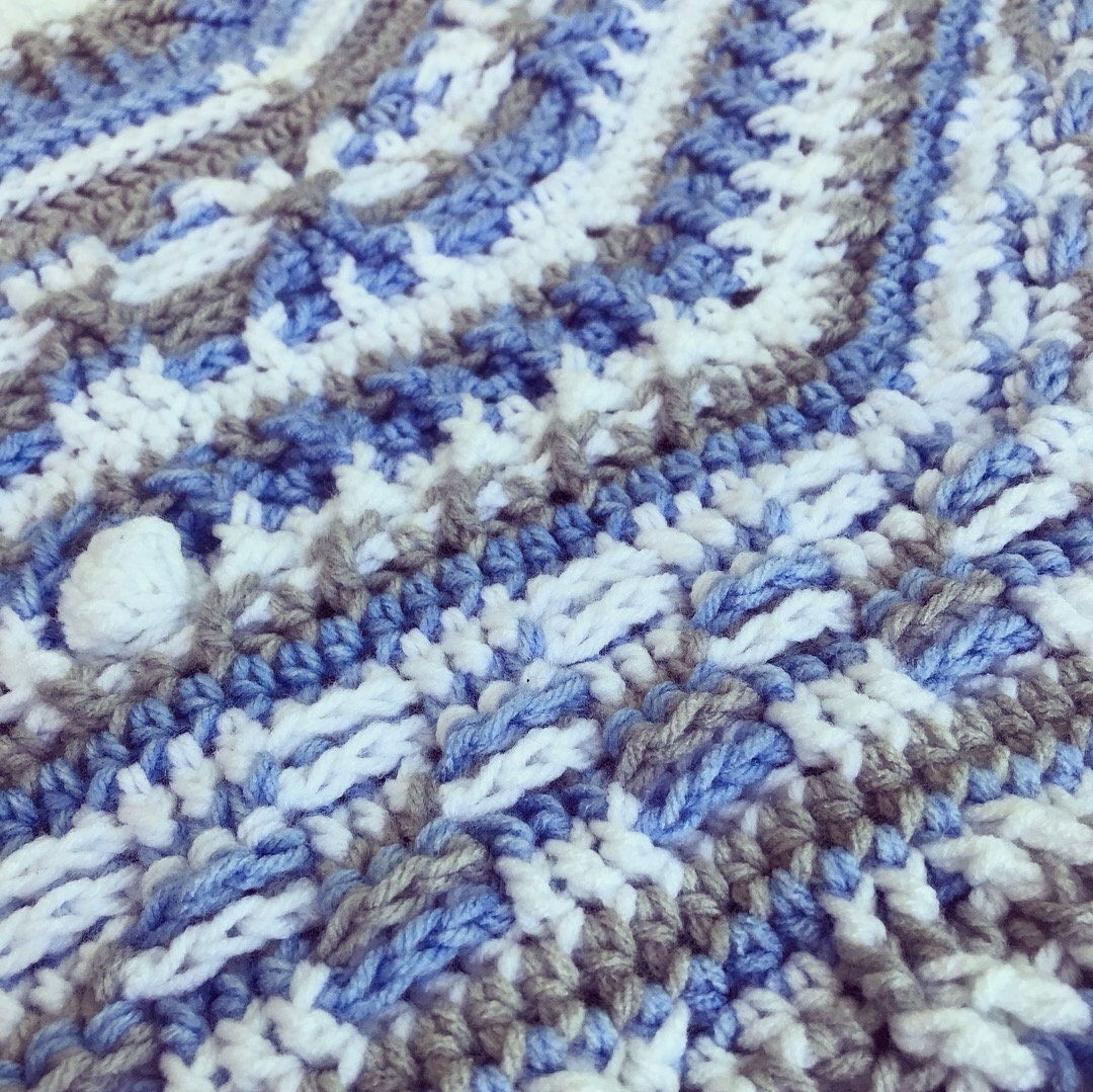 Blue & Gray Crochet Baby Blanket: Round Afghan Throw, 50"