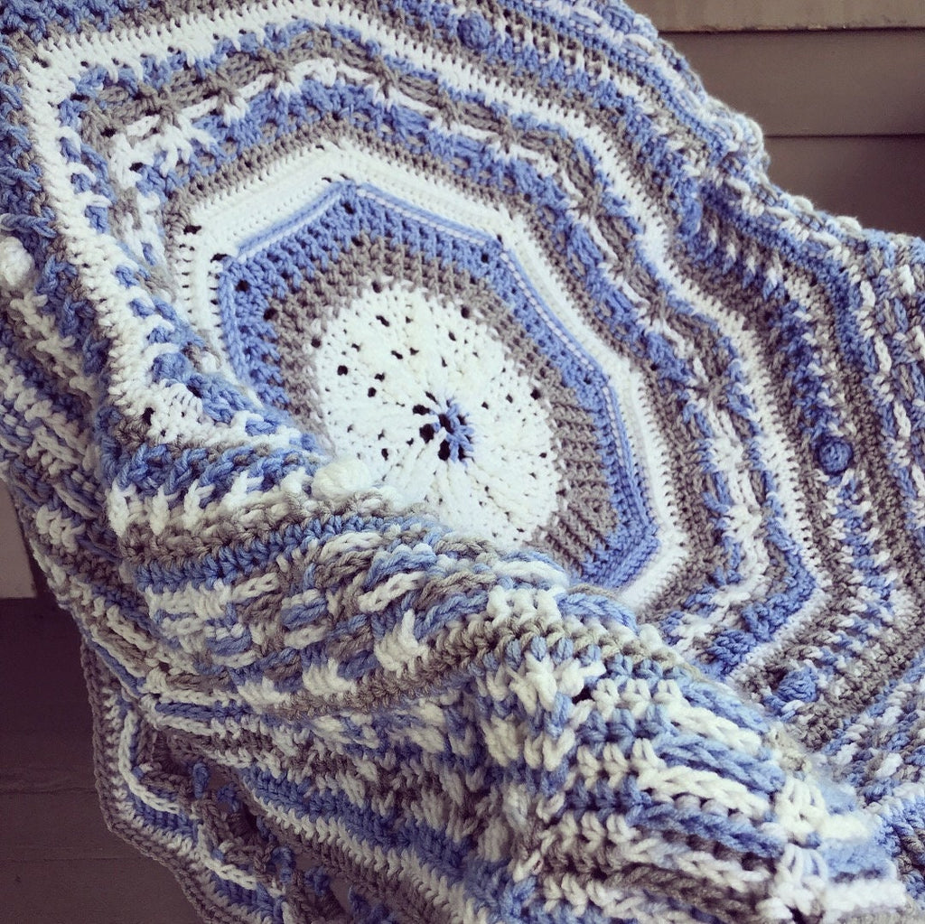 Blue & Gray Crochet Baby Blanket: Round Afghan Throw, 50"