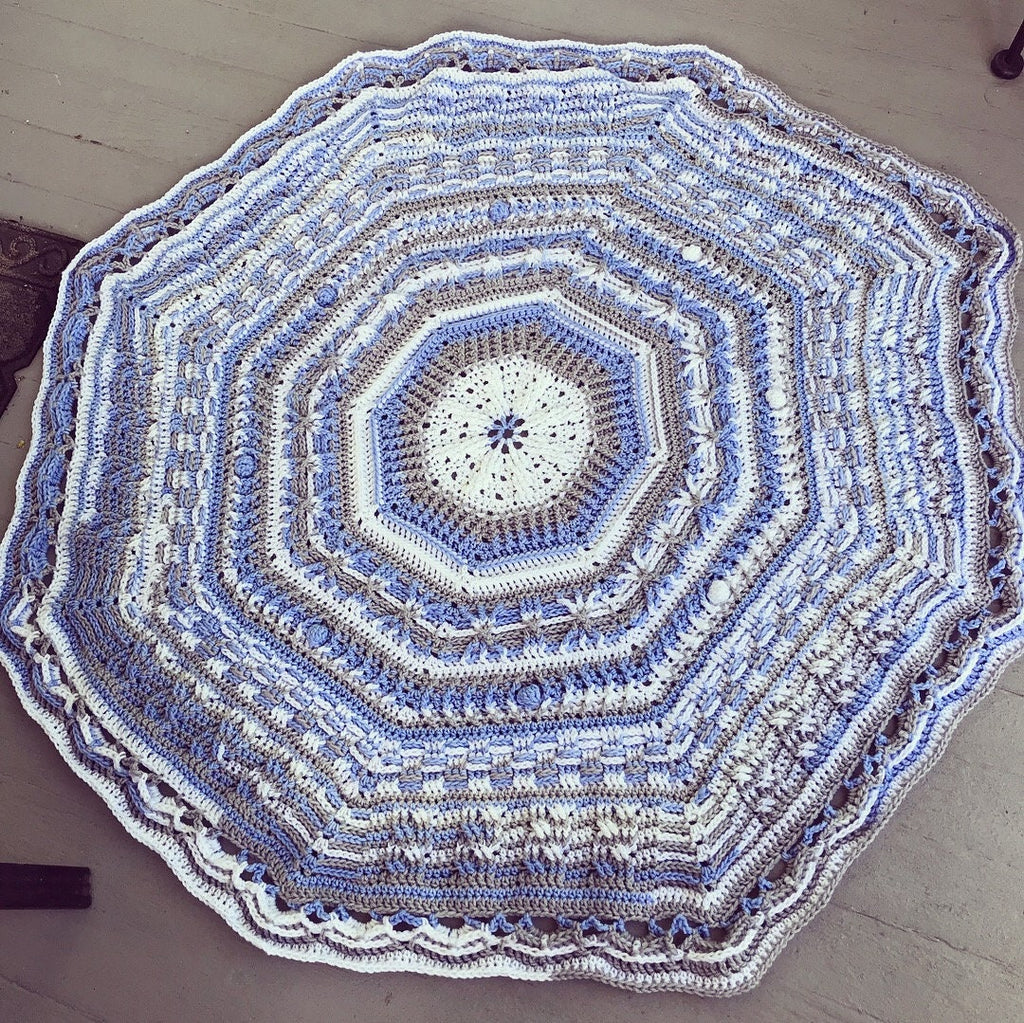 Blue & Gray Crochet Baby Blanket: Round Afghan Throw, 50"