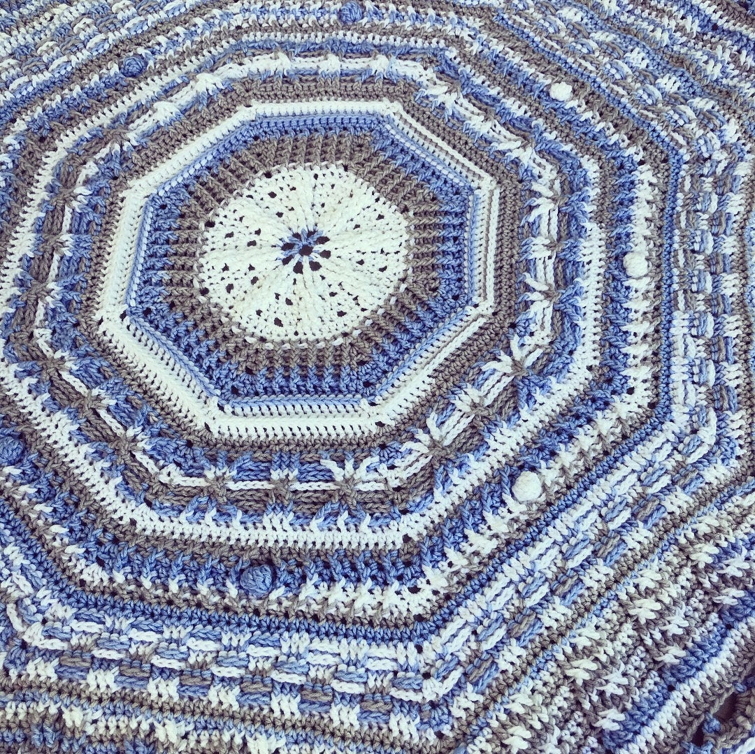 Blue & Gray Crochet Baby Blanket: Round Afghan Throw, 50"