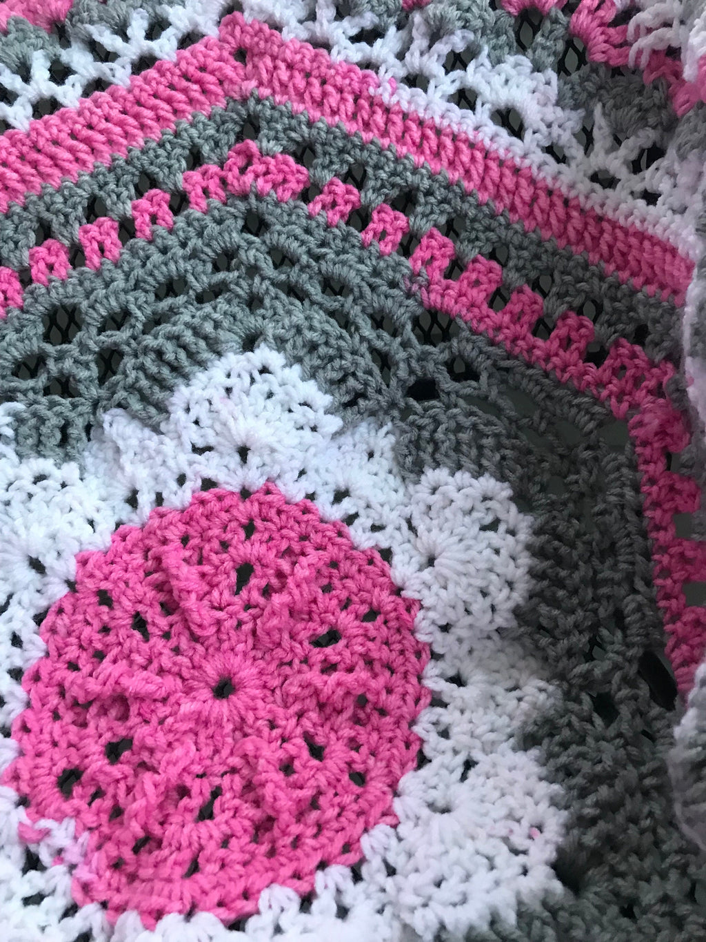 Crochet Baby Blanket: Pink, White & Gray Round Afghan - 48"