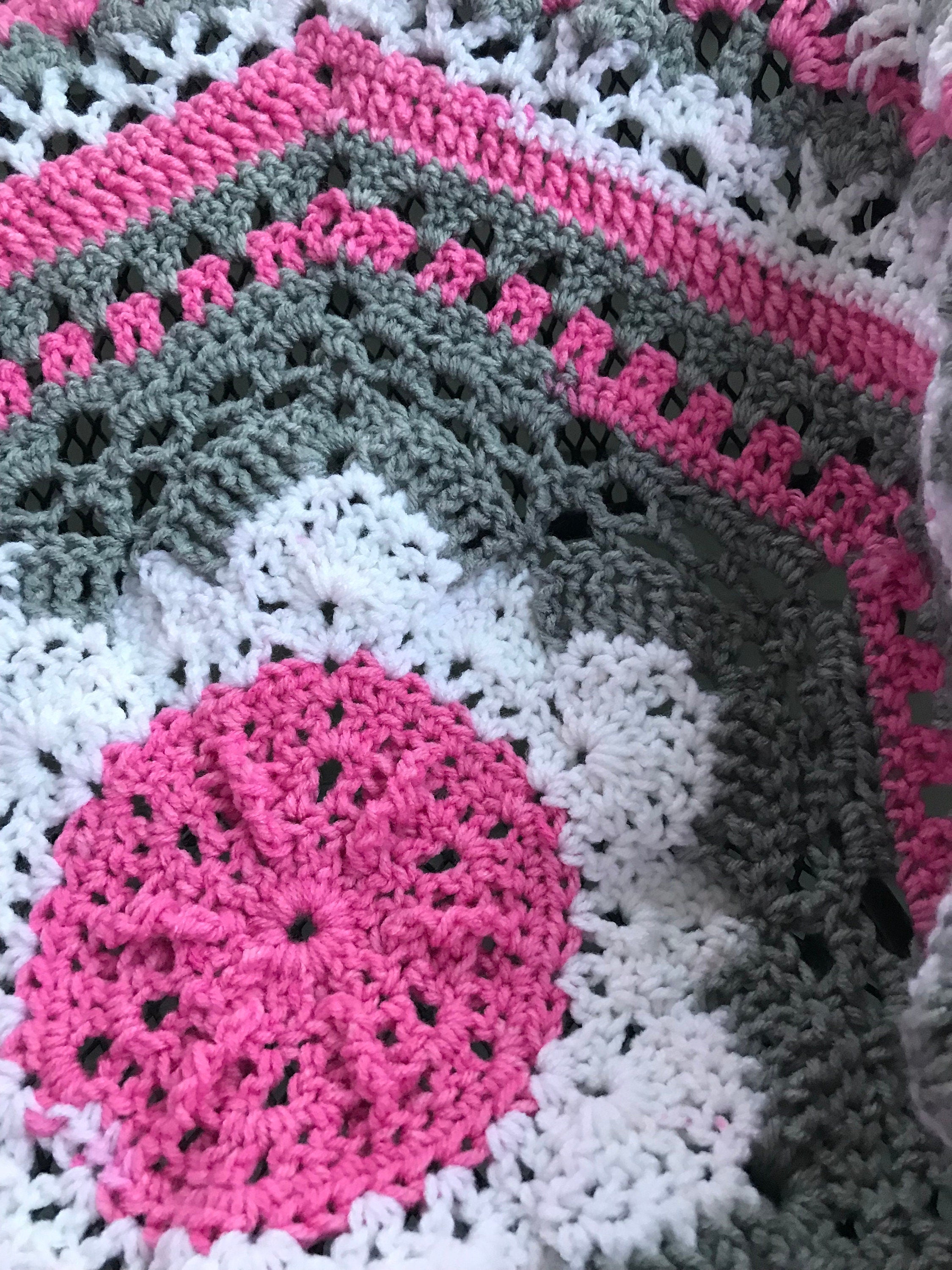 Crochet Baby Blanket: Pink, White & Gray Round Afghan - 48"