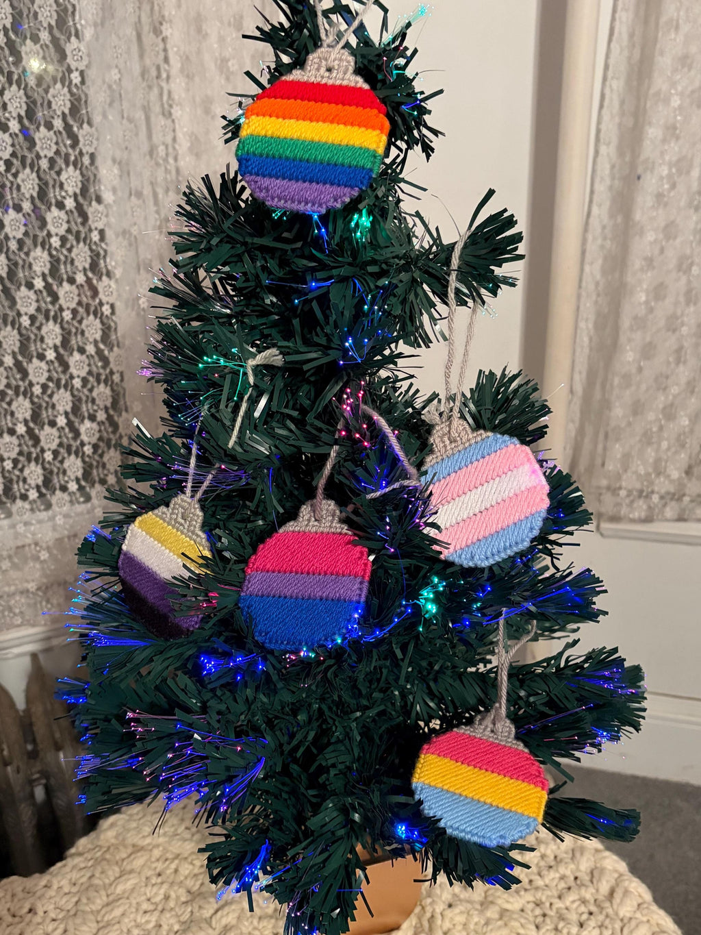LGBT Pride Flag Christmas Ornament: Handstitched Plastic Canvas Bauble