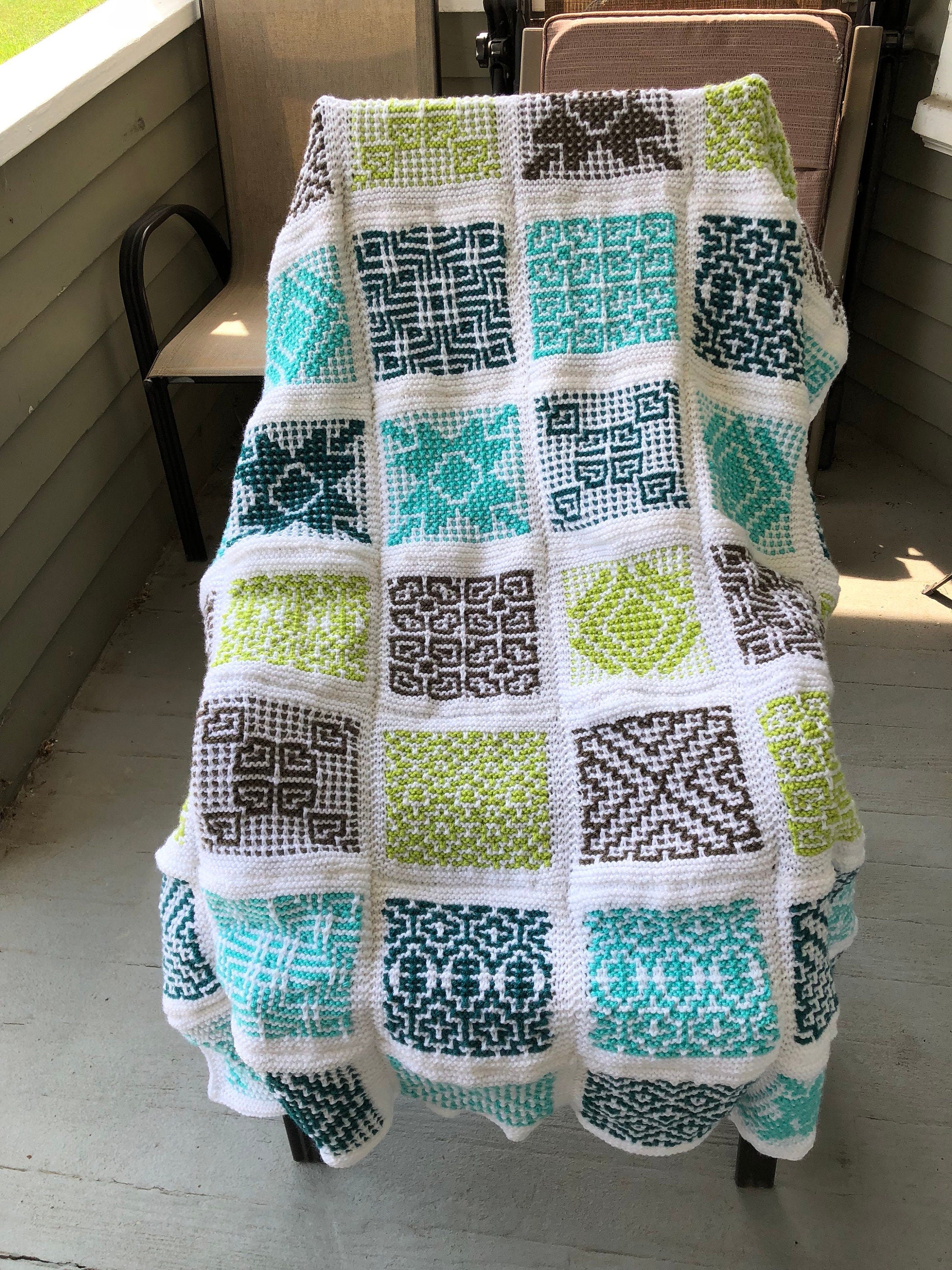 Blue & Green Knit Mosaic Afghan: Boho Throw Blanket (56x50)