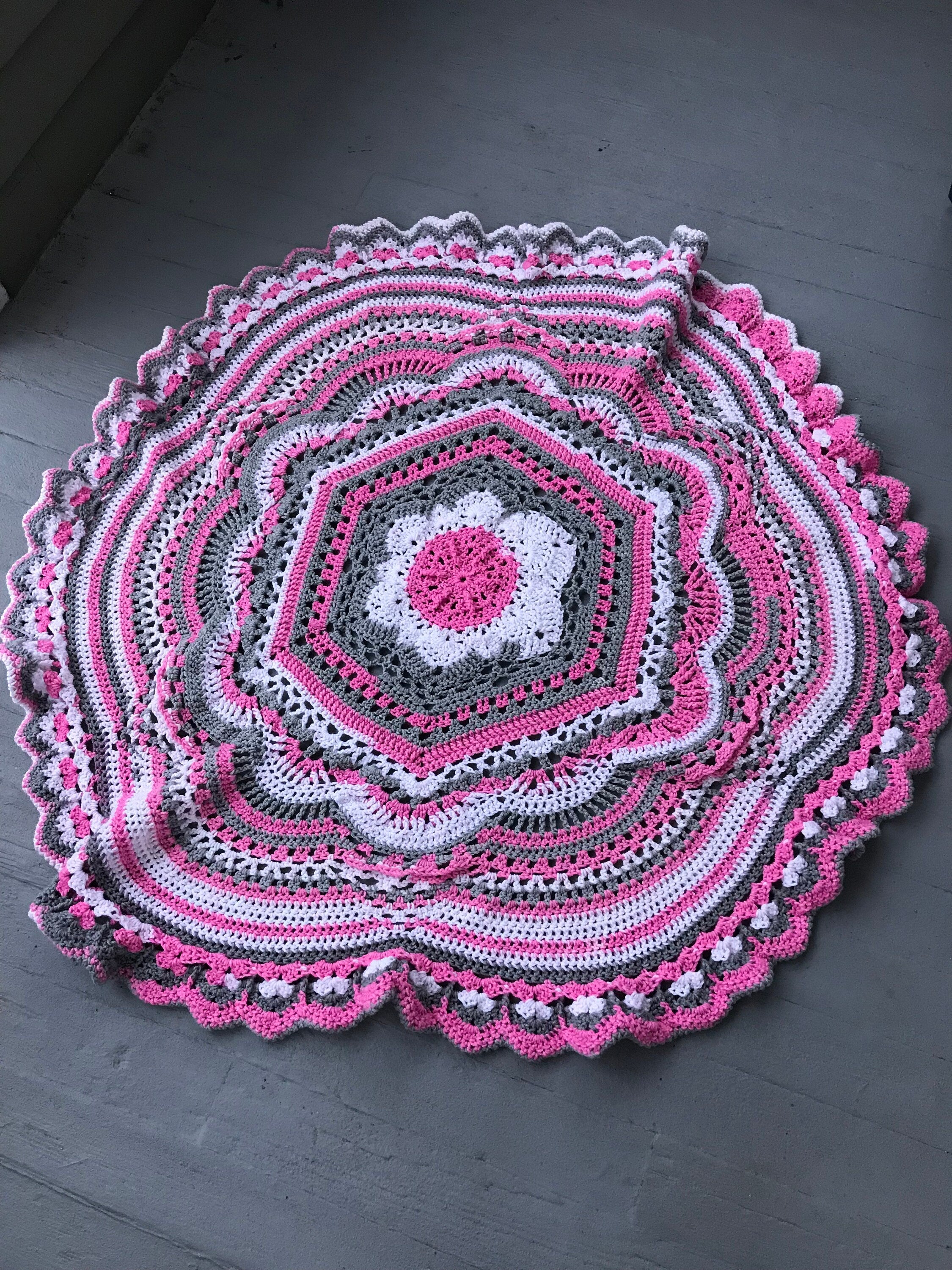 Crochet Baby Blanket: Pink, White & Gray Round Afghan - 48"